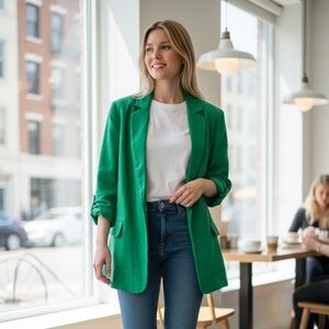 Halston Linen-Blend Oversized Blazer – Bright Green, Size Mediu